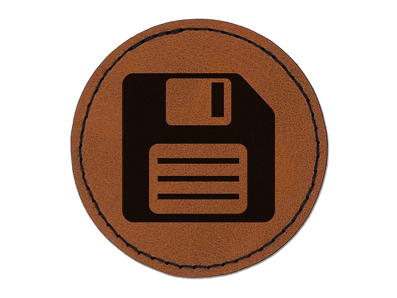 Save Icon Floppy Disk Round Iron-On Engraved Faux Leather Patch Applique - 2.5&#x22;