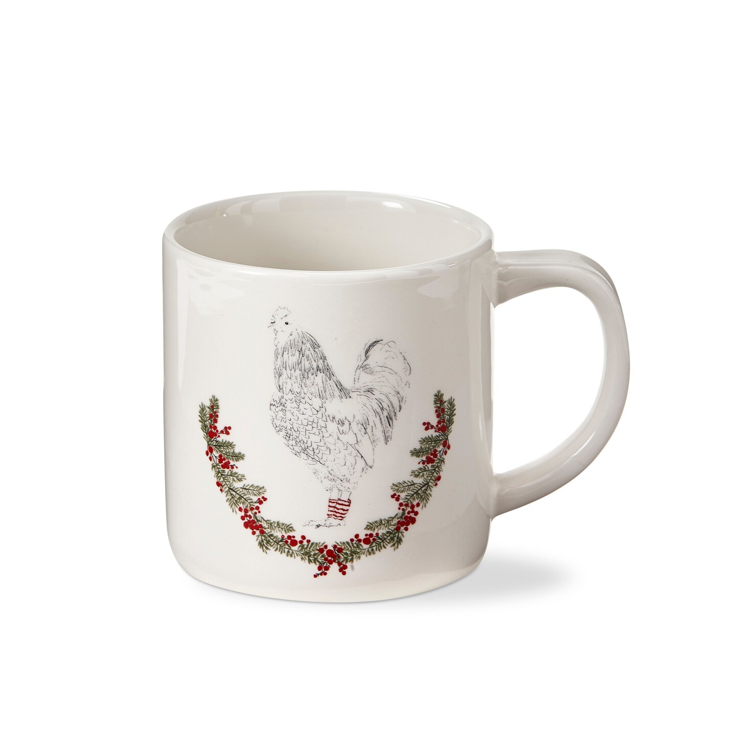 &#x22;Farmhouse Christmas&#x22; Collection Earthenware White Mug Featuring Rooster with Holly, 16.0 oz.