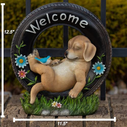 Welcome Puppy Dog Solar Powered LED Outdoor Decor Garden Light Outdoor Decor Garden Light Welcome Chillax Puppy Statues Outdoor Funny Figurine Decor for Outside Patio, Yard, Lawn