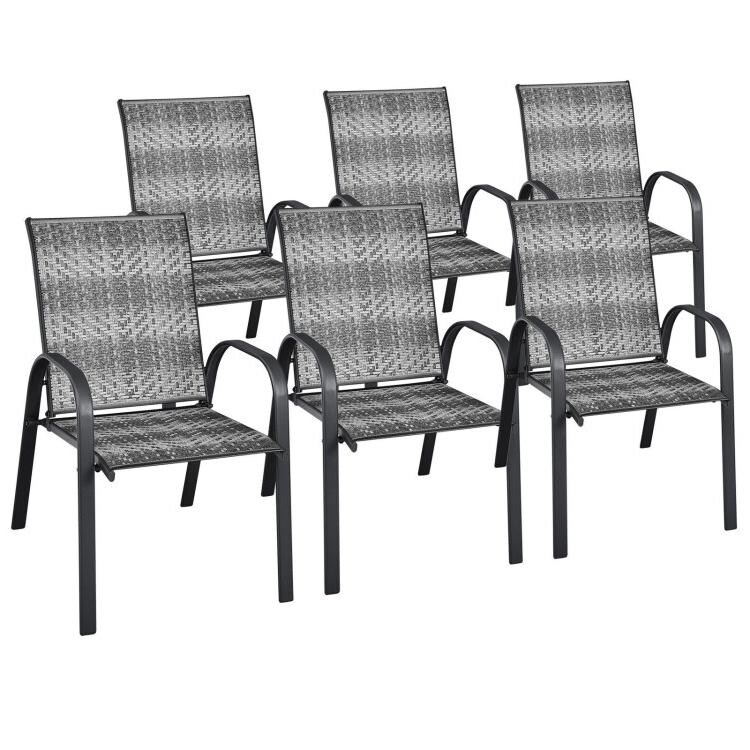 Polyethylene Rattan Patio Dining Chairs Set 2 Stackable Steel Frame Grey