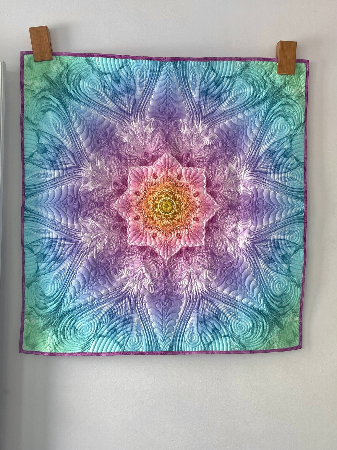 Rainbow Quilted Wall Hanging, Rainbow Abstract Quilted Bedspread, Blue