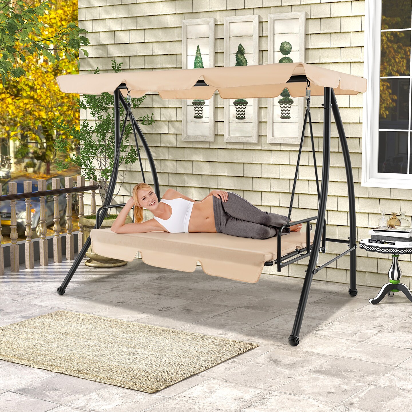 Outdoor Swing Chair 2 Person Converts to Bed with Adjustable Canopy Beige