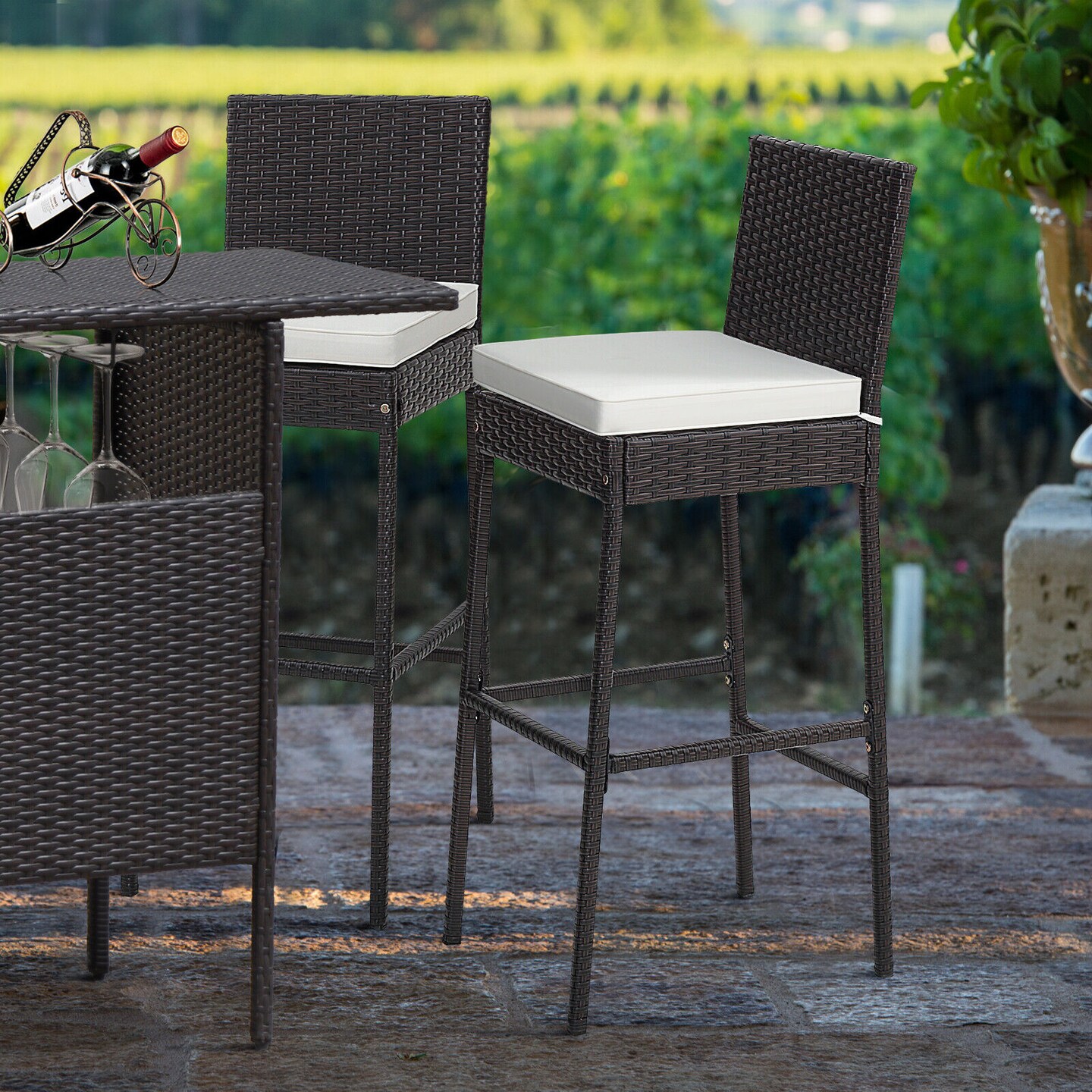 Patio Cushioned Wicker Barstools with Cozy Footrest