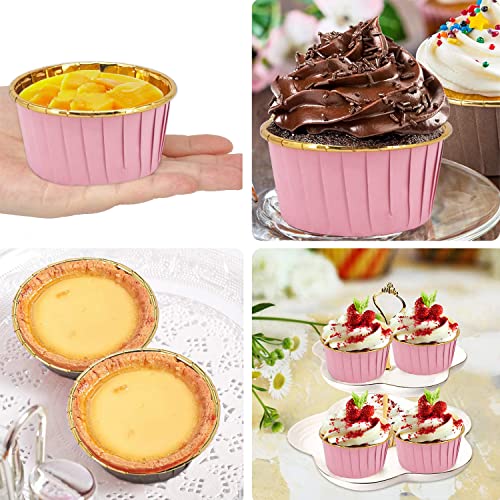 100 Sets Cupcake Liners And Wrapers With Lids ,5.5 Oz Large Foil Muffin Tins Or Liners,Disposable Baking Cups, Cupcake Wrappers Holders For Wedding Valentine-Pink in gold