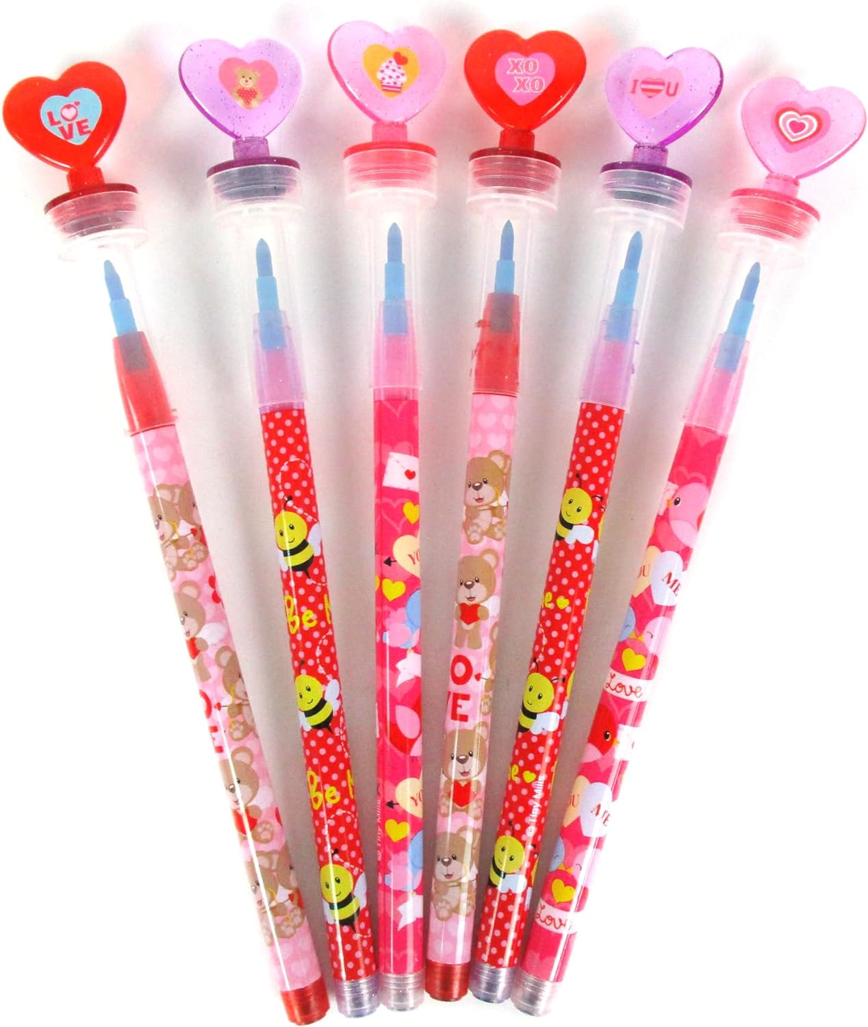 TINYMILLS 24 Pcs Valentine's Day 2 in 1 Stackable Stacking Crayon with Extra Stamper Topper, Valentine's Day Party Favors, Goodie Bag Stuffers, Valentine's Day Classroom Exchange