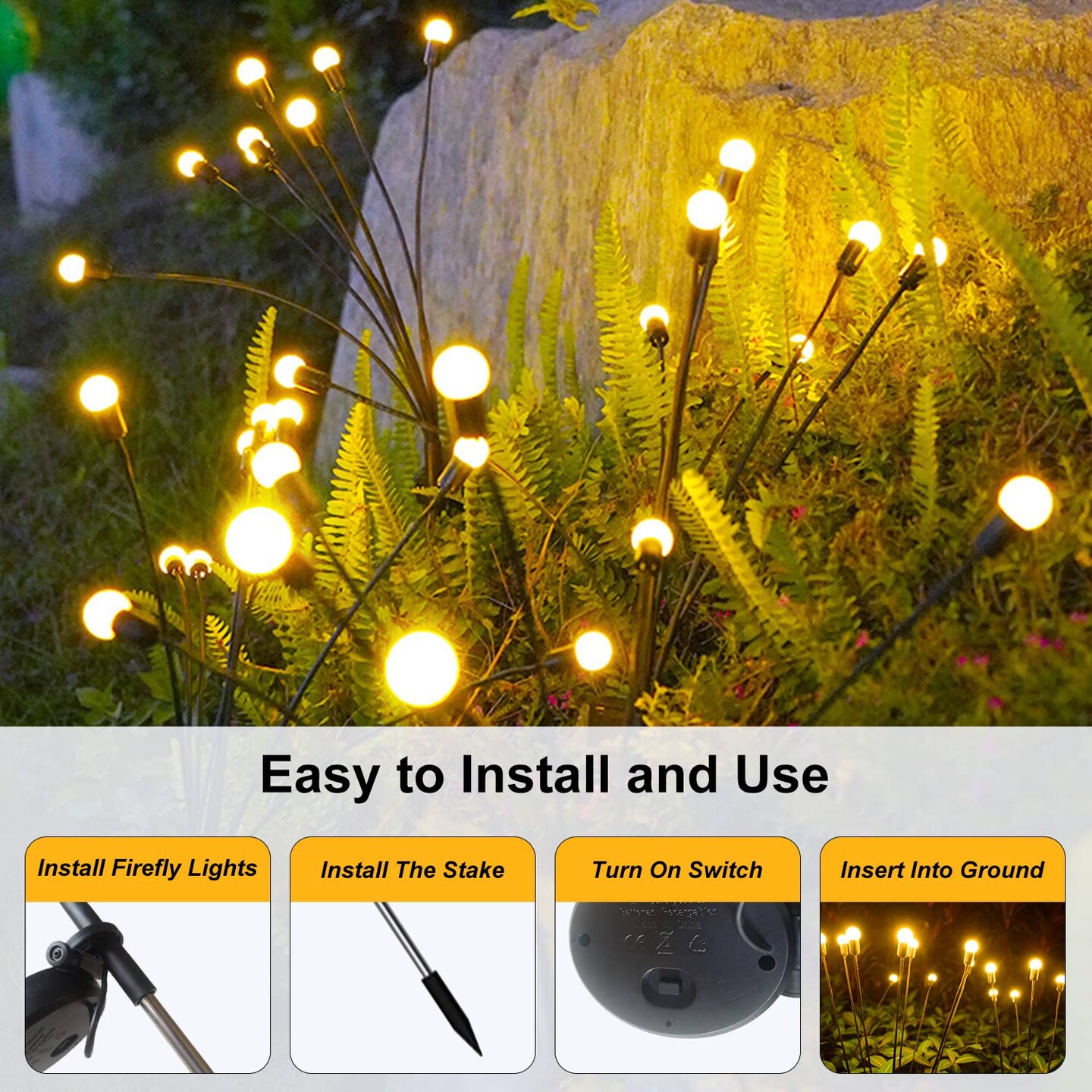 2 Pack Solar Garden Lights, Outdoor Solar Lights for Outside, Firefly Lights Outdoor Waterproof for Landscape, Pathway, Yard, Patio D&#xE9;cor, Solar Starburst Swaying Lights When Wind Blows(Warm White)