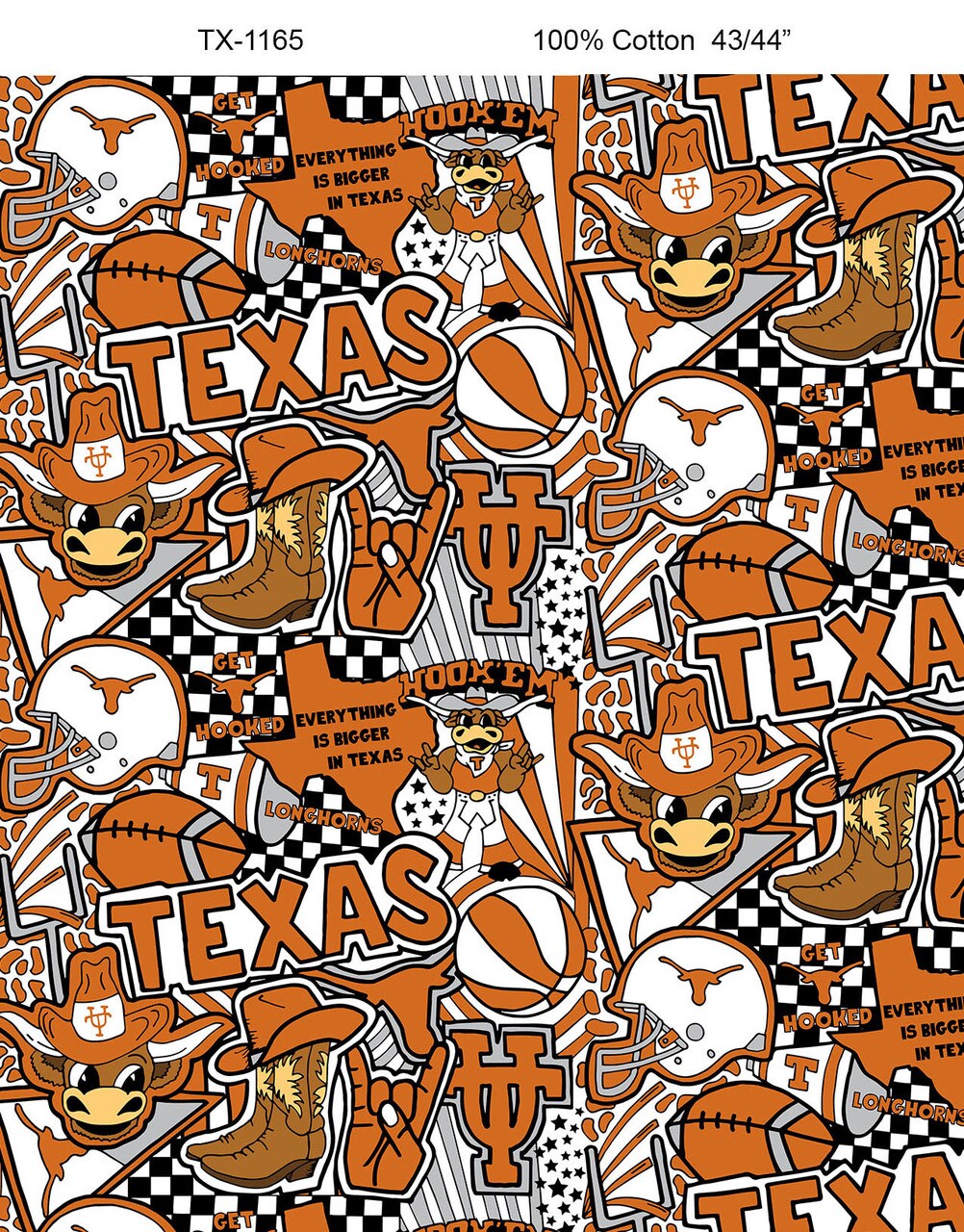 Sykel Enterprises-University of Texas&#xA0; Cotton Fabric-Texas Longhorns Pop Art Cotton Quilting Fabric