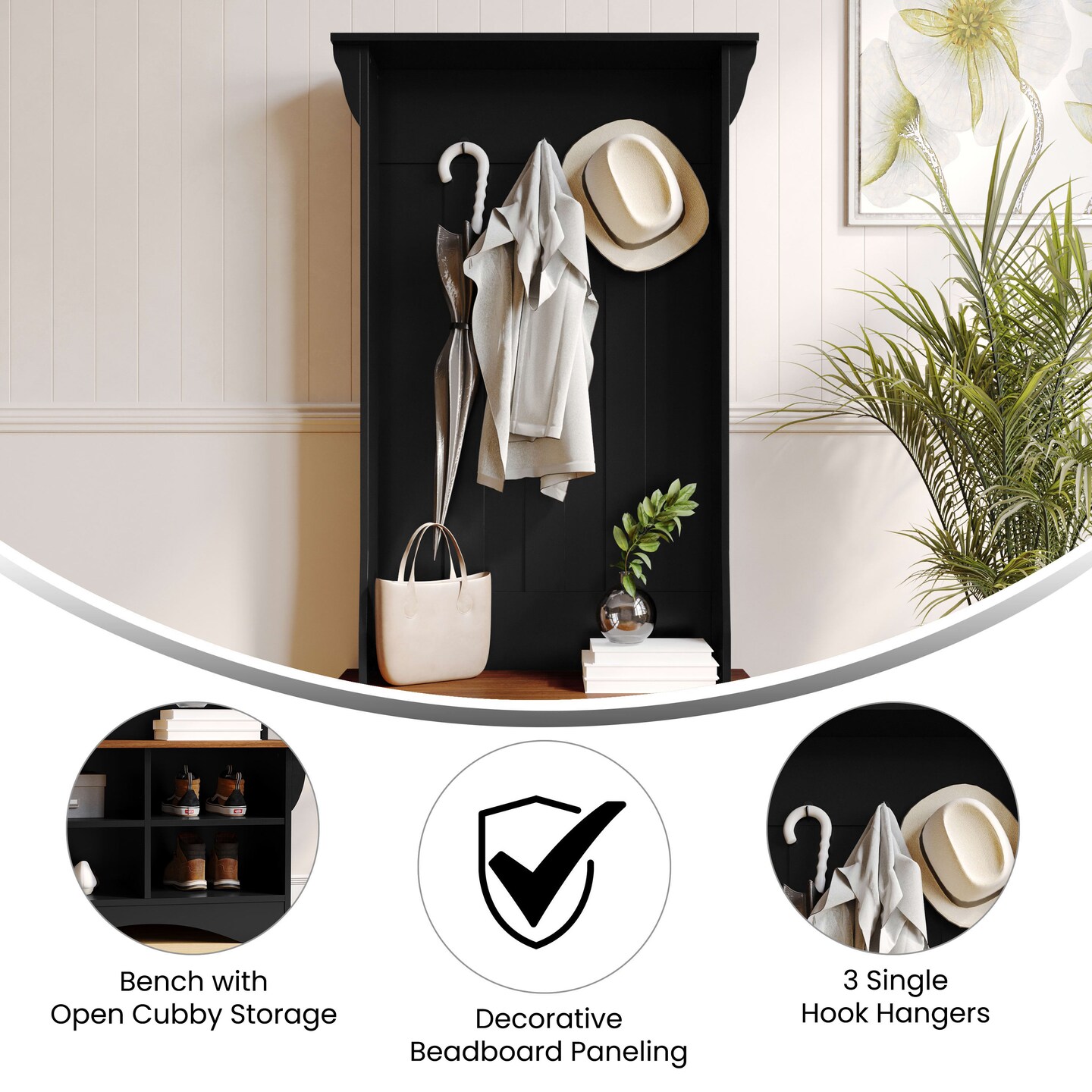 Merrick Lane Whitman Hallway Tree with Bench Seating, 3 Single Coat Hooks and Lower Storage with Adjustable Shelves