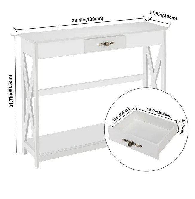 Sofa Table with a Drawer and a Shelf in White Slim Entryway Table with Storage for Foyer, Hallway, and Living Room