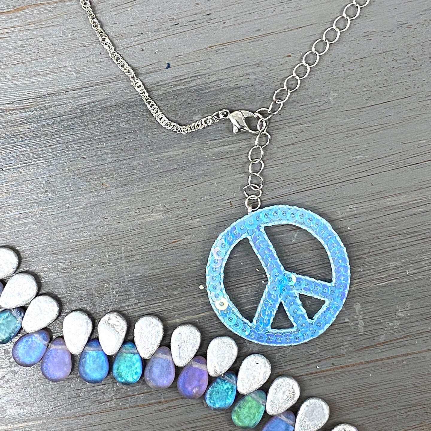 Light Blue Sequin Peace Sign, Embroidered, Iron on Patch