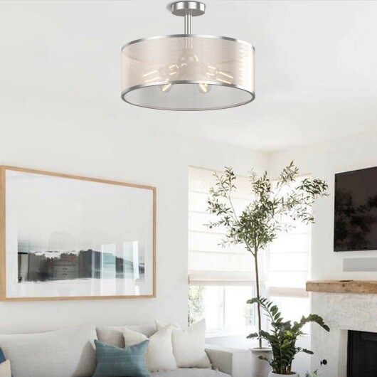 6-Light Semi Flush Mount Ceiling Light Pendant Lamp with Fabric Drum-shaped Shade