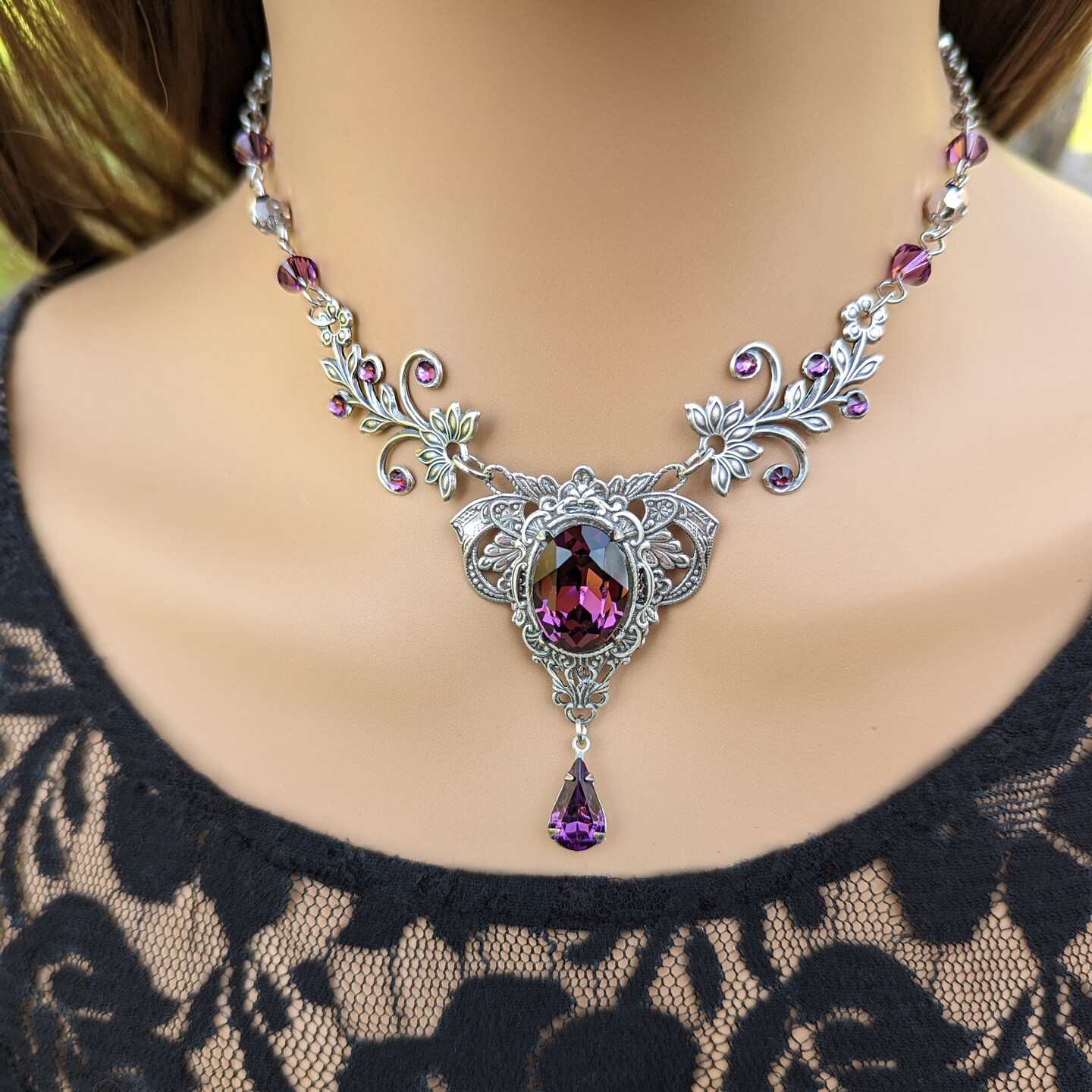 Vintage Amethyst Swarovski Crystal Necklace: Floral Elven Jewelry