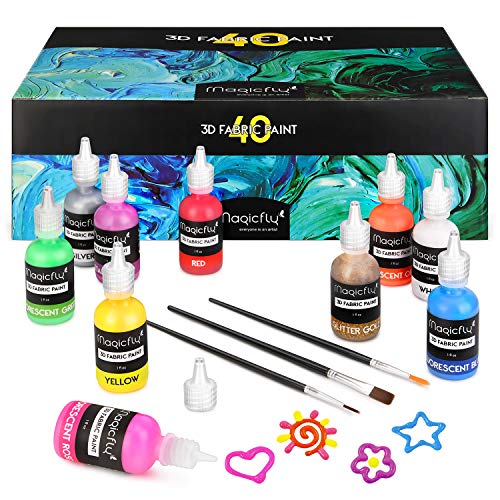 40 Color 3D Fabric Permanent Paint , Puffy Paint with Vibrant Colors, 3 Bonus Brushes & Stencils, Ideal for Textile T-Shirts Fabrics Canvas Glass Wood (5 Color Type & 1 oz Each)