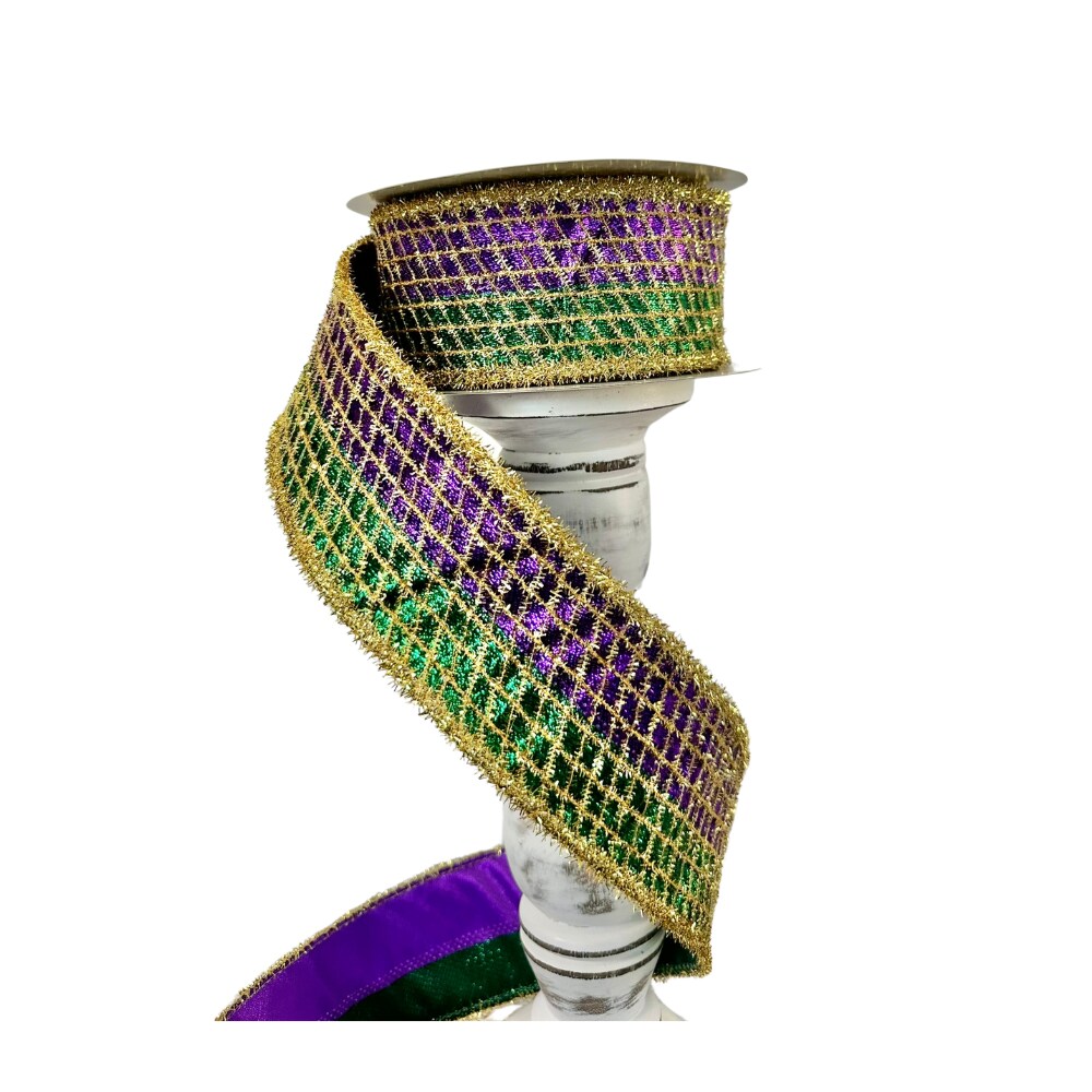 2.5x10yd Purple/Green/Gold Mardi Gras Ribbon - Metallic Mesh with Tinsel -  TCT Crafts - RGC8044