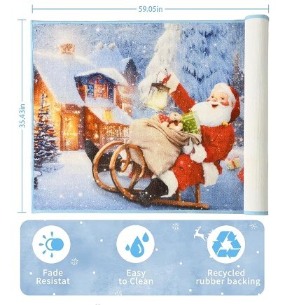 Christmas Rugs Indoor Large Area Rug for Living Room Floor Carpet for Bedroom, Washable Non-Slip Throw Rugs with Rubber Backing Decorative Blue Santa Rug for Kitchen Fireplace Decor