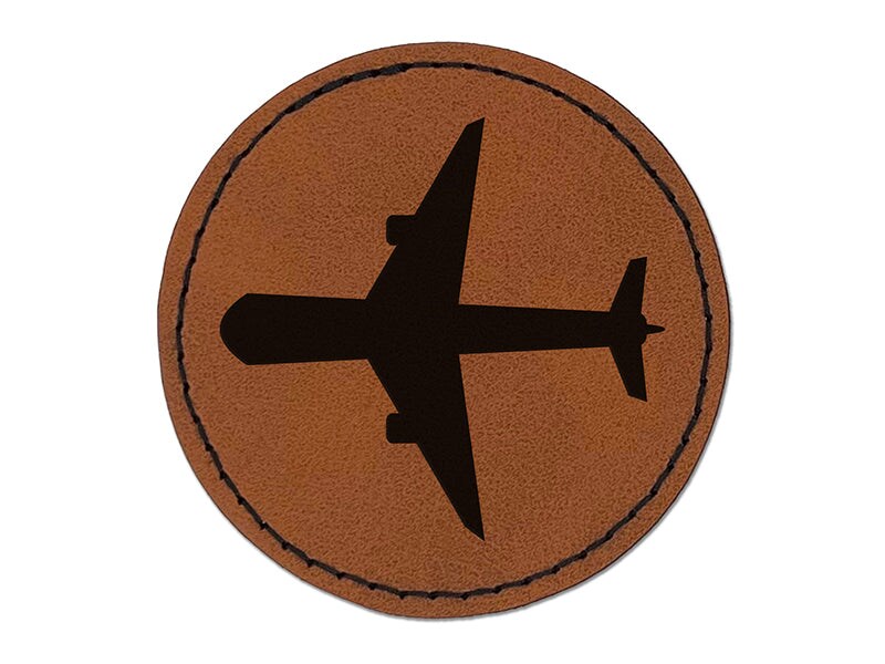 Airplane Solid Vacation Round Iron-On Engraved Faux Leather Patch Applique - 2.5"