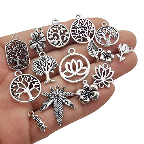 100 Pieces Mix Silver Tree Flower Charms Collection, Bulk Mini Small Little Charms Metal Pendant Craft Supplies Findings for Necklace and Bracelet Jewelry Making (HM291)