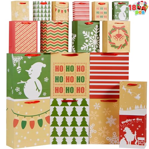 JOYIN 18 PCS Christmas Premium Holiday Gift Bags Assorted Sizes Creamy Kraft Style Prints (Small 5.5&#x201D; Medium 9&#x201D; Large 13&#x201D;) for Xmas Party Favors Decoration, Holiday Present Wrap D&#xE9;cor
