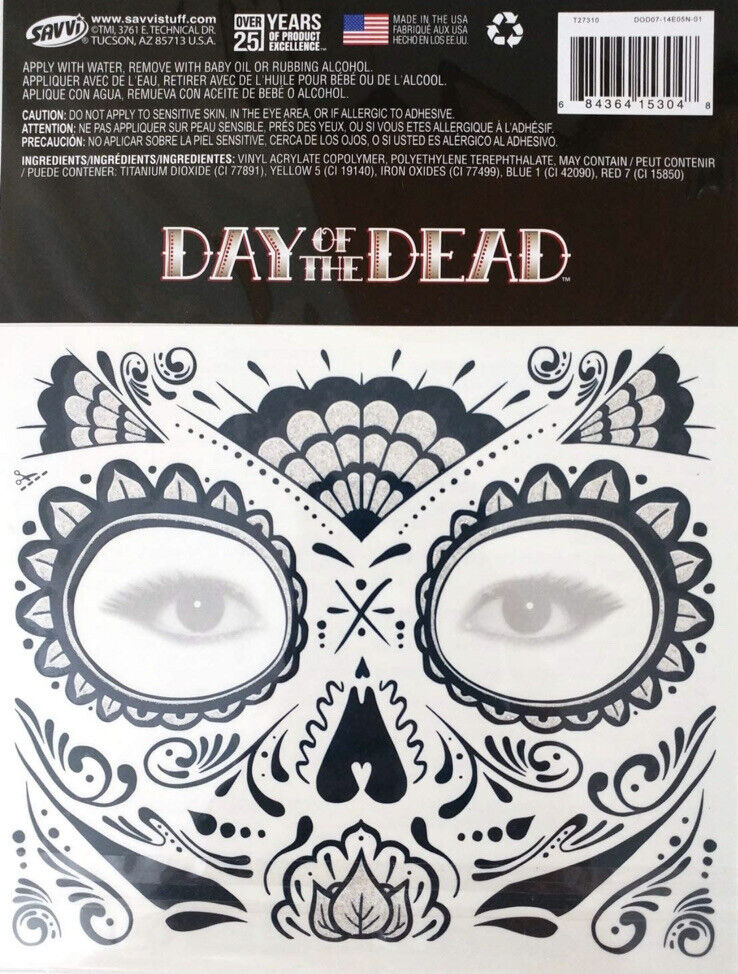 Savvi Day Of The Dead Sugar Skull Temporary Face Tattoos