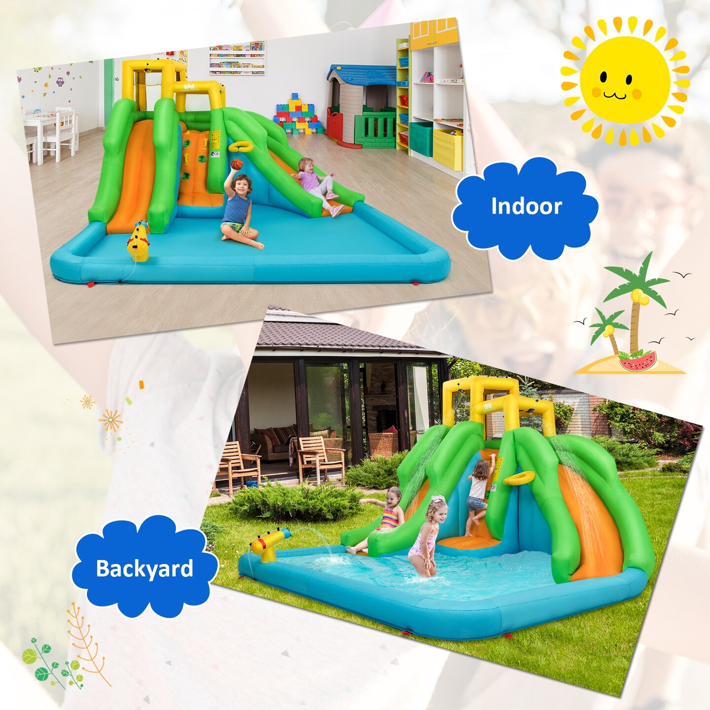 Inflatable Water Park With Double Slides Climbing Wall Splash Pool Basketball