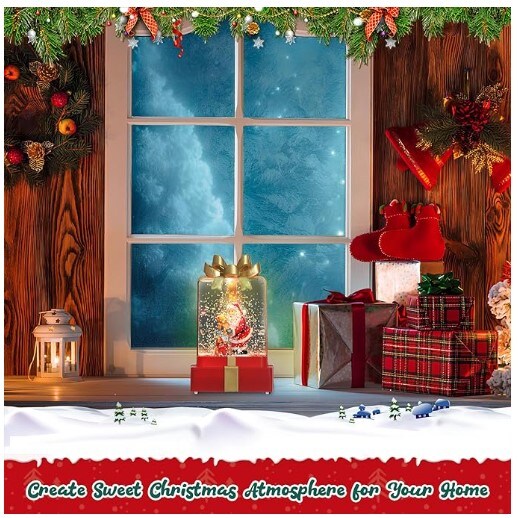 Battery-Operated Christmas Decorations, Christmas Snow Globe Lighted Water Lantern Decorative Gift Box with Swirling Glitter and Santa Claus