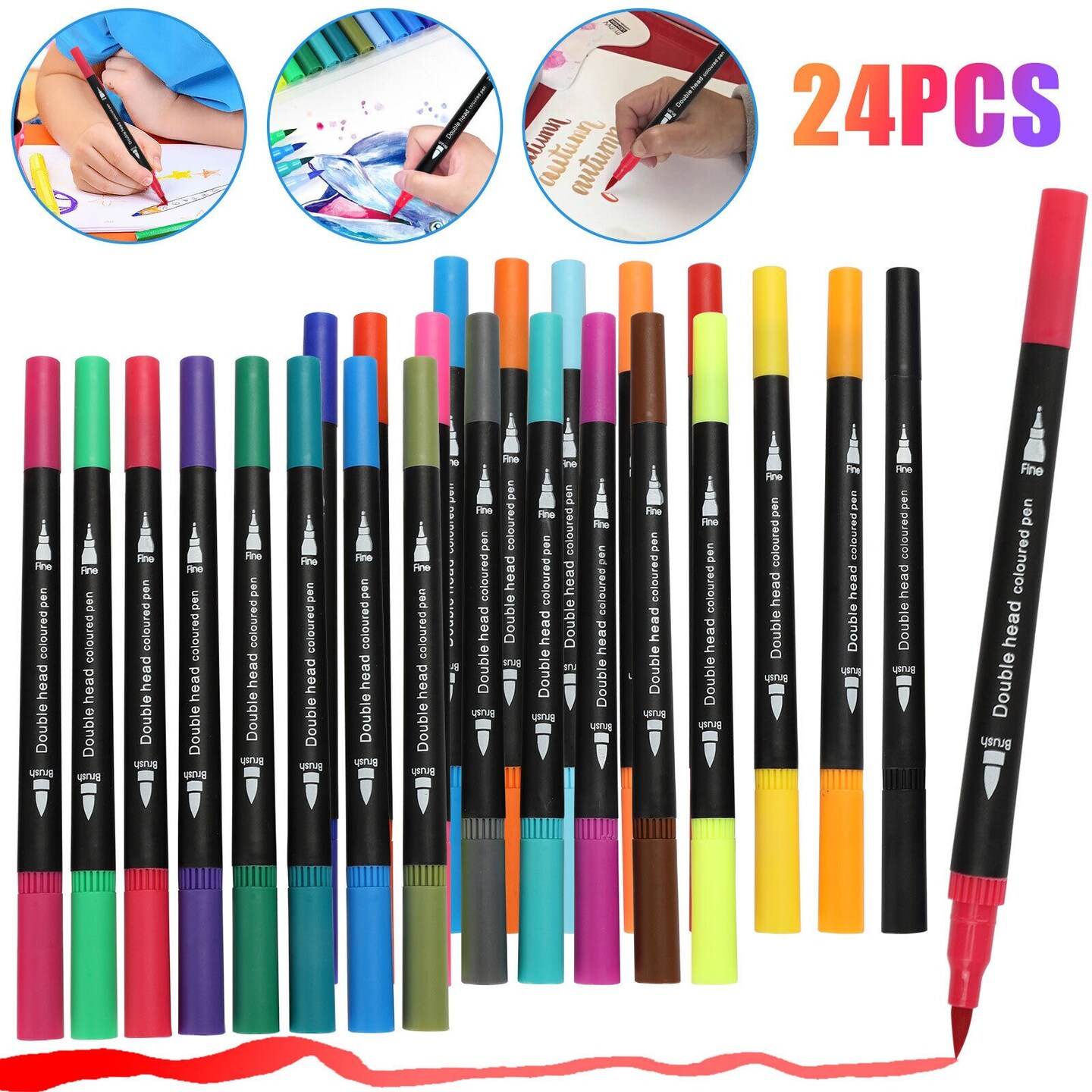 PINTAR Acrylic Paint Brush Markers Set of 24 & 2 Water-Filled Brush Pens, Ultra-Fine Brush Tip Pens for Rock Painting, Ceramic, Glass, Wood,  Porcelain, Paper, and Almost All Surfaces