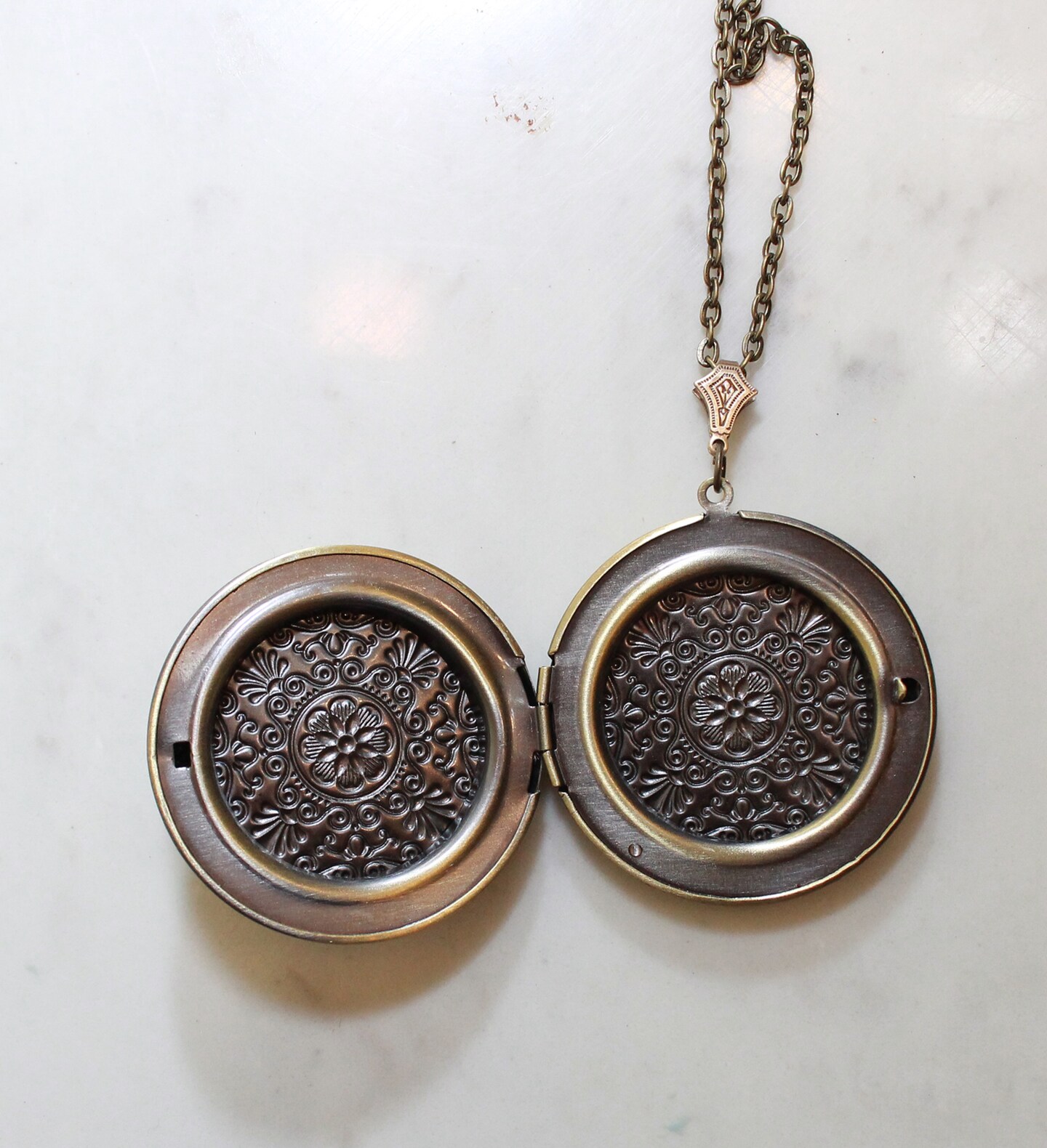 Victorian Bronze Locket Necklace with Silver Fairy on Half Moon