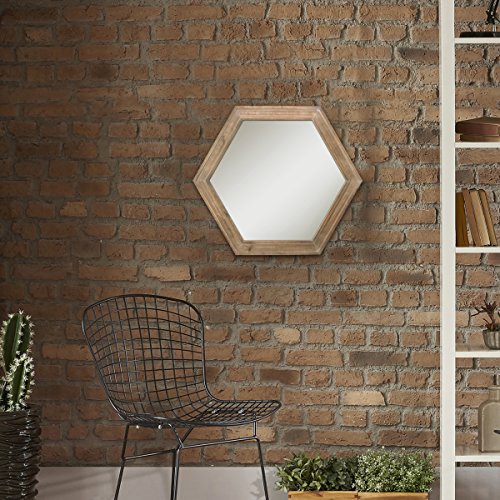 Decorative 24" Hexagon Hanging Wall Mirror with Natural Wood Frame and Attached Hanging Bracket, Rustic Farmhouse Decor for the Living Room, Bathroom, Bedroom, and Entryway Brown