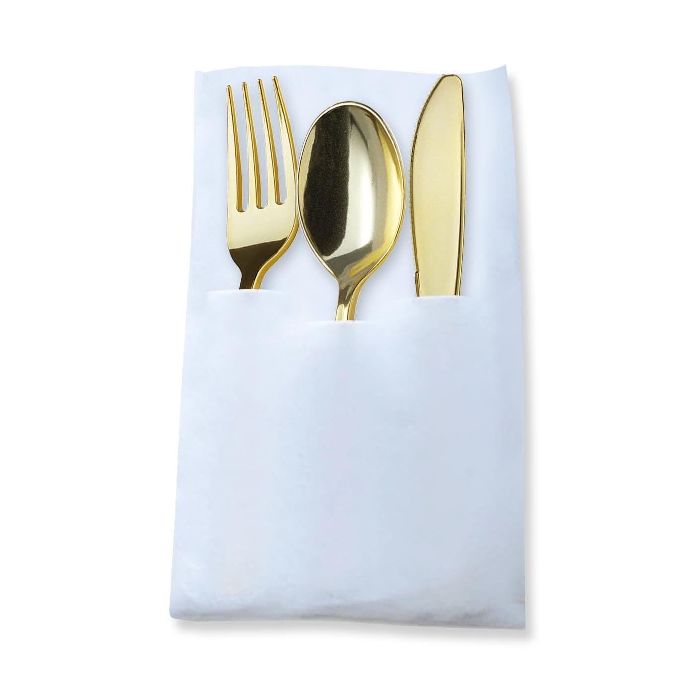 Gold Plastic Cutlery White Pocket Napkin Set (70 Guests)