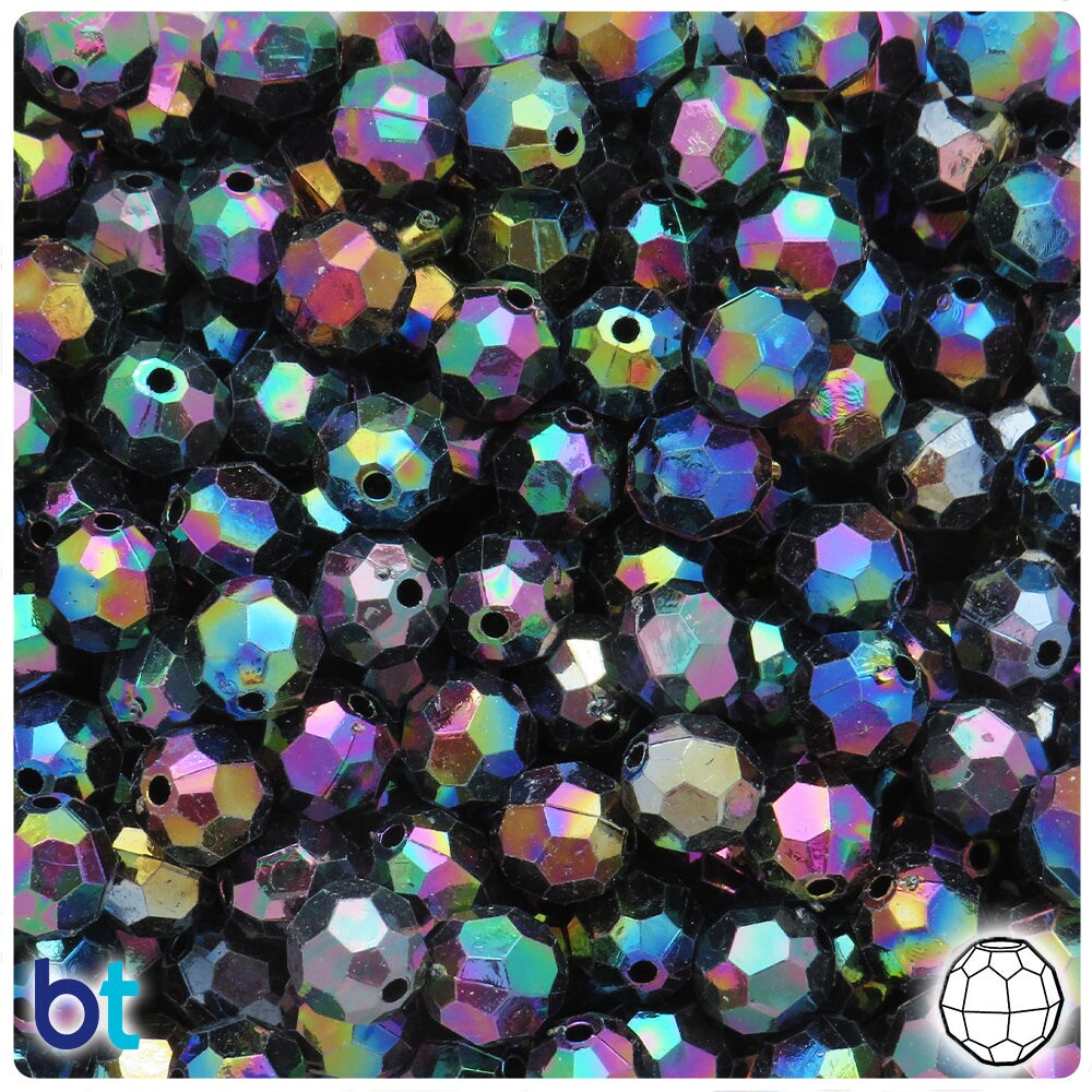 BeadTin Black Opaque AB 10mm Faceted Round Plastic Craft Beads (100pcs)