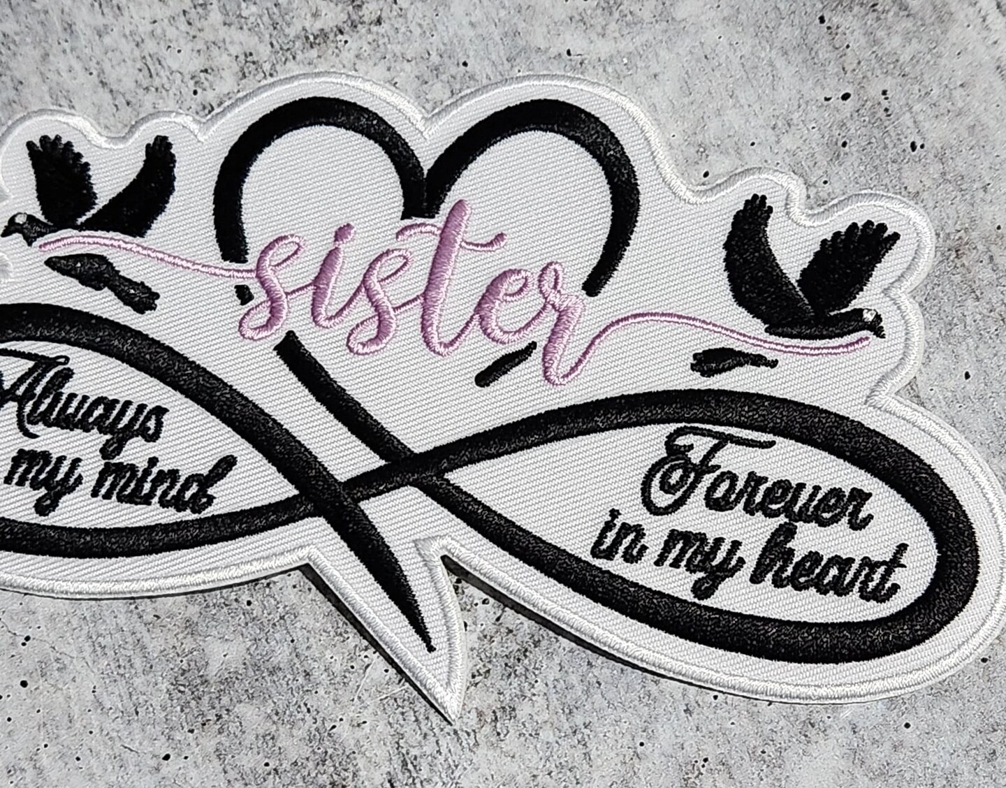 Memorial Infinity Collection: Patch Party Club, &#x22;SISTER&#x22; Eternal Remembrance 1-pc, Iron-On Embroidered Patch, Sz 6&#x22;, Tribute Hono