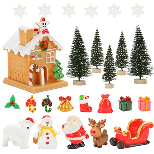 LOVESTOWN Christmas Miniature Figurines for Crafts, 25 PCS Fairy Garden Christmas Accessories with Mini Bottle Brush Trees Gingerbread House Xmas Resin Decorations for Christmas Party
