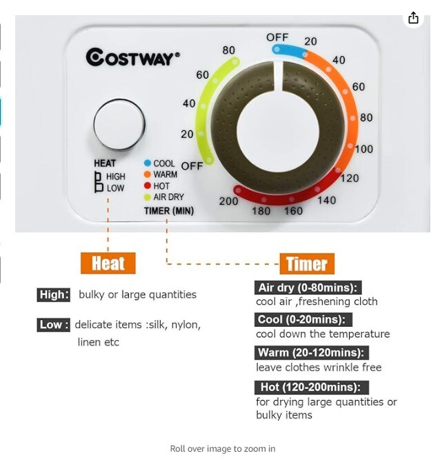 Compact Laundry Dryer, 110V Electric Portable Clothes Dryer with Stainless Steel Tub, Downside Control Panel for 4 Automatic Drying Mode, White