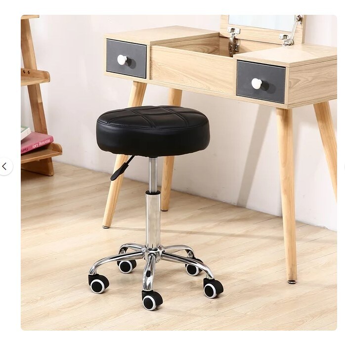 Round Rolling Stool Chair with Adjustable Height in PU Leather Look for Wheeled Swivel Drafting Work Spa Medical Salon Stools. Black Office Chair