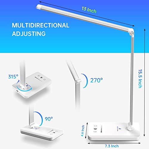 Ambertronix LED Desk Lamp with USB Charging Port, Dimmable Eye-Caring Reading Desk Light for Home, with 5 Brightness Level &#x26; 3 Lighting Modes, Touch Control, Auto Timer (White)