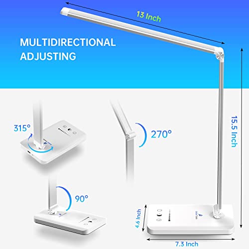 LED Desk Lamp with USB Charging Port, Dimmable Eye-Caring Reading Desk Light for Home, with 5 Brightness Level &#x26; 3 Lighting Modes, Touch Control, Auto Timer (White)