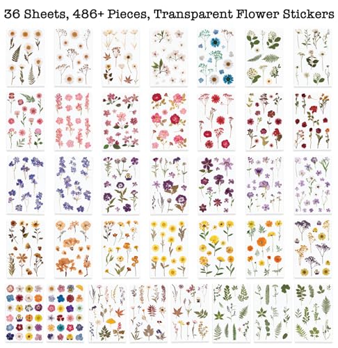 Knaid Pressed Flower Themed Stickers (Assorted 486 Pieces, 36 Sheets) Dried Floral Resin Stickers Decals Botanical Journaling Sticker for Scrapbook Supplies Junk Journal Bullet Journal Planner Laptop
