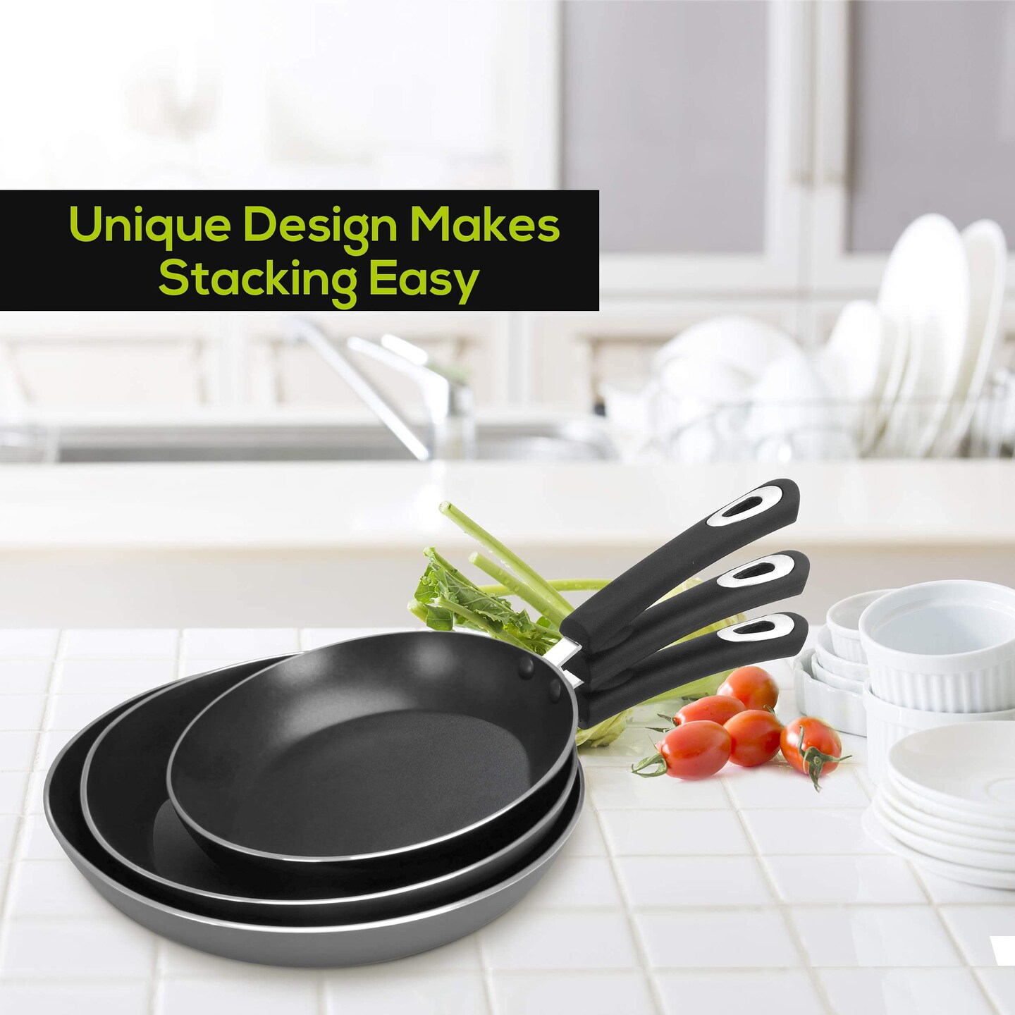 3 Piece Nonstick Frying Pan Set - Induction Bottom - 8 Inches, 9.5 Inches and 11 Inches (Grey-Black)