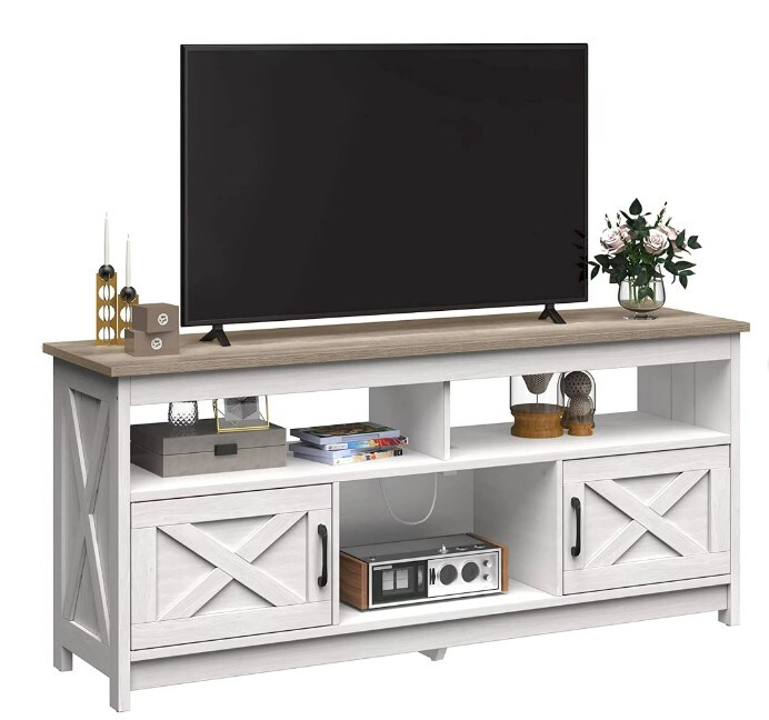 Grey Wash Farmhouse TV Stand up to 65&#x22; with Power Outlet, Media Console with Storage Shelves for Living Room