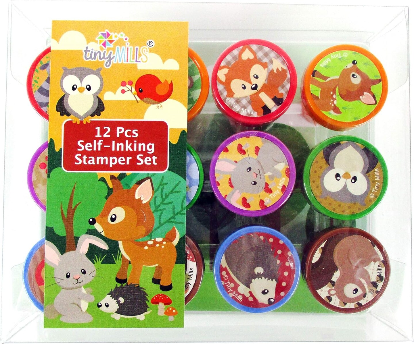 TINYMILLS 12 Pcs Woodland Animals Critters Stamp Kit for Kids Self Inking Stamps Gift Party Favors