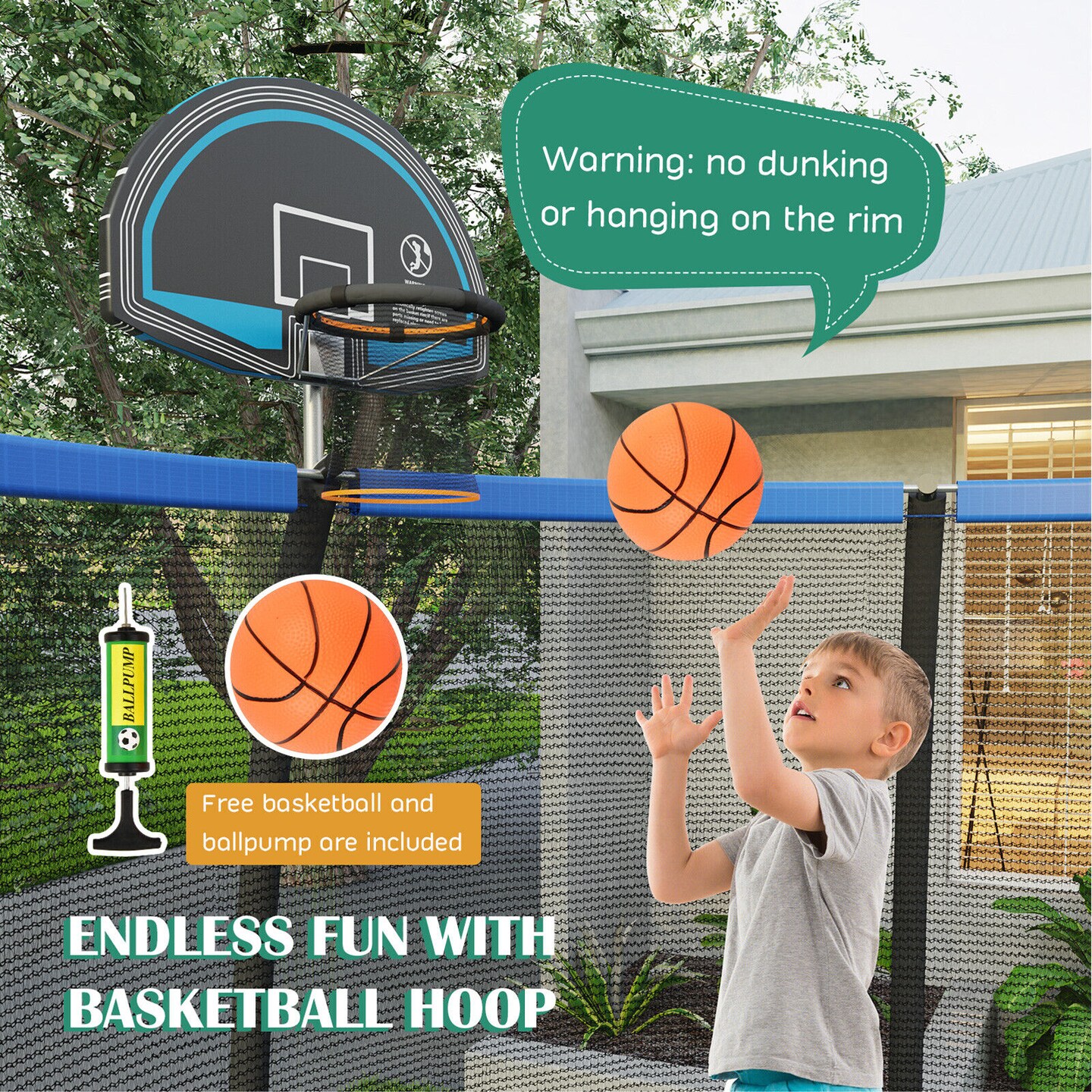 Recreational Trampoline with Basketball Hoop and Net Ladder