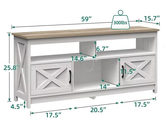 Grey Wash Farmhouse TV Stand up to 65&#x22; with Power Outlet, Media Console with Storage Shelves for Living Room