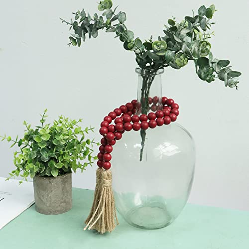 39 inches Wood Bead Garland Farmhouse with Tassels,Versatile Prayer Beads Boho Chic Wall Hanging Home Decor (Burgundy)