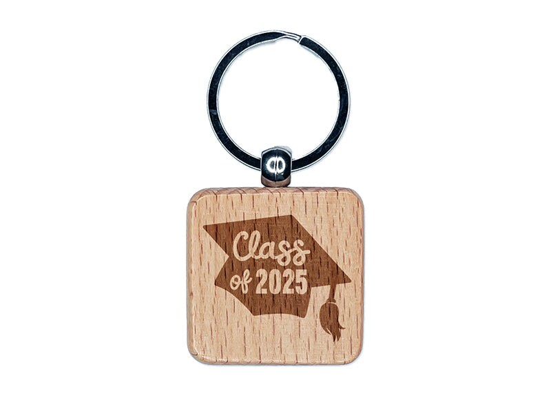 Class of 2025 Written on Graduation Cap Engraved Wood Square Keychain Tag Charm