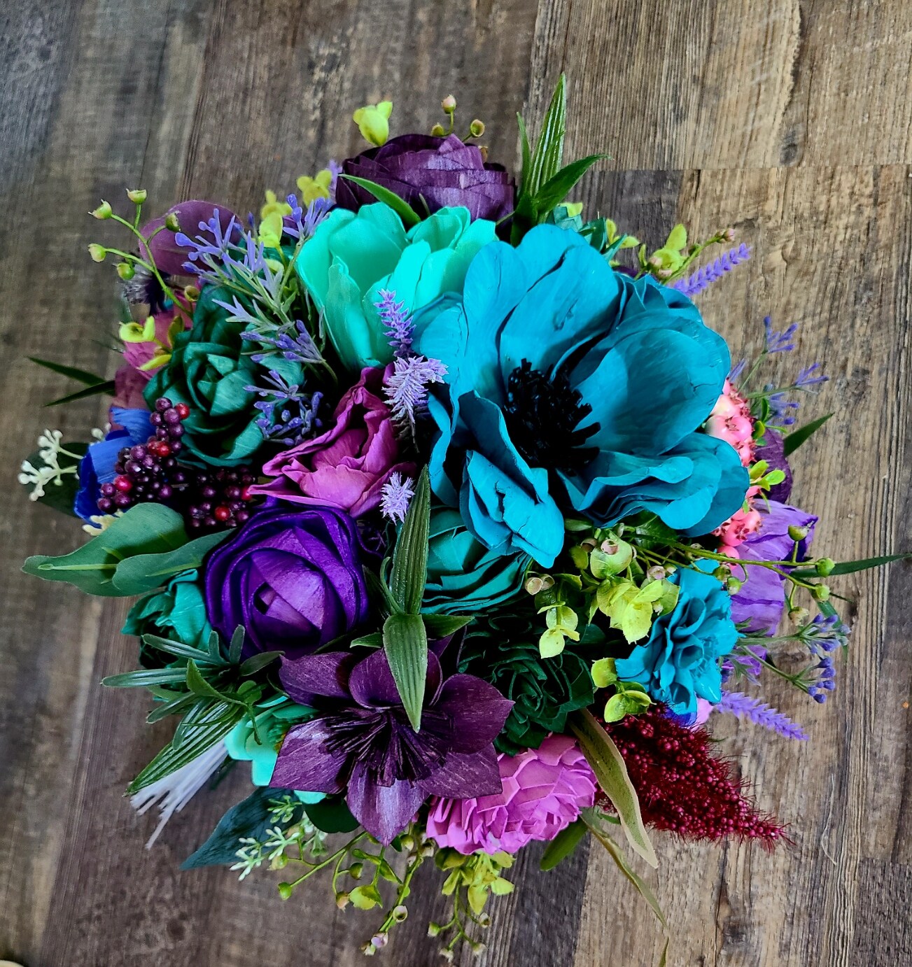 Copy-Burgundy and Navy Blue Sola Wood Flower Bouquet with Greenery