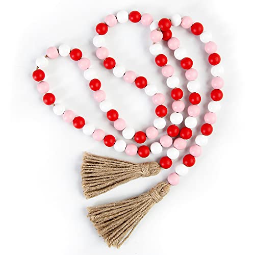 BlueMake Valentine&#x27;s Day Wood Bead Garland with Tassel,Rustic Wooden Bead Decor Farmhouse Beads Big Wall Hanging Decor (Pink/Red/White)
