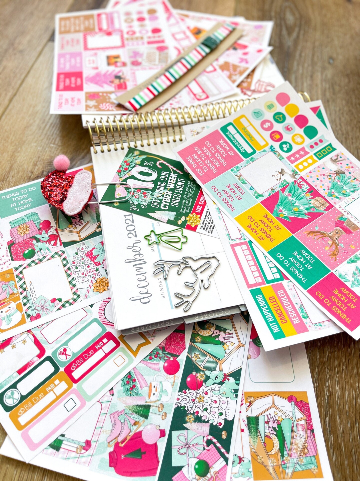 Vintage Christmas &#x26; Pink &#x26; Red Holidays Themed Box of Planner Stickers &#x26; Accessories (#SUB2021012)