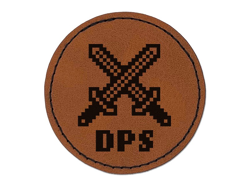 Pixel RPG DPS Swords Gaming Round Iron-On Engraved Faux Leather Patch Applique - 2.5&#x22;