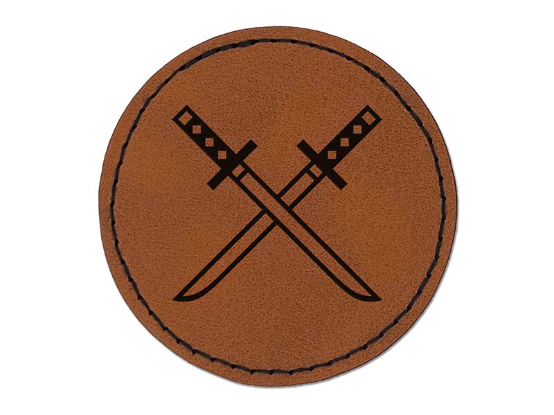 Ninjato Katana Ninja Swords Round Iron-On Engraved Faux Leather Patch Applique - 2.5&#x22;