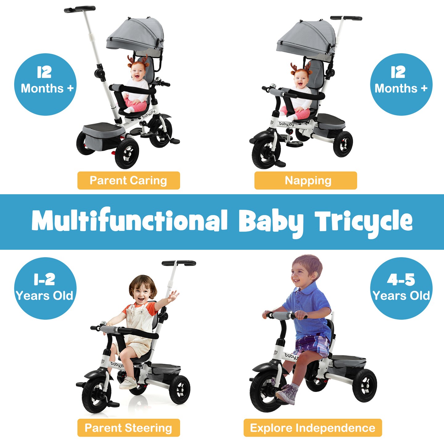 Folding Tricycle Baby Stroller with Reversible Seat and Adjustable Canopy